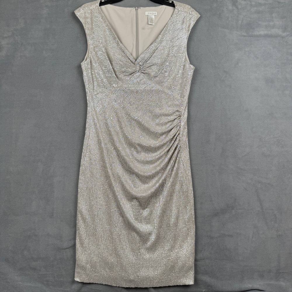 Cache Womens Silver Metallic Ruched Twist Front V-Neck Sheath Cocktail Dress 14